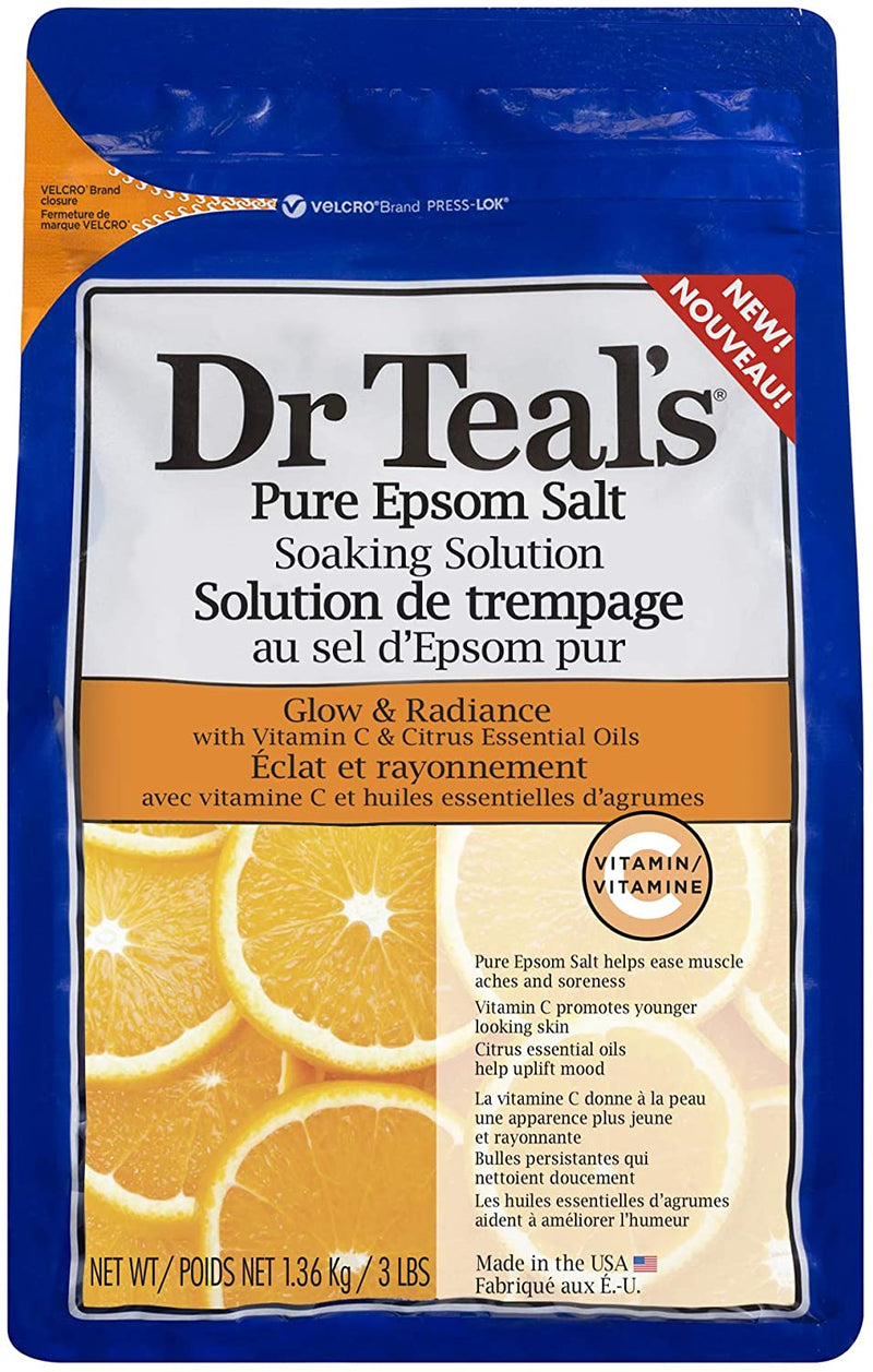 Pure Epsom Salt Soaking Solution, Glow & Radiance with Vitamin C & Citrus Essential Oils, 3 Lbs